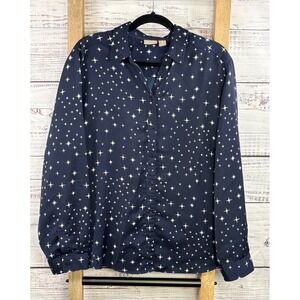 Chicos Navy Blue Star Print Button Down Blouse Roll Tab Sleeve Size XL